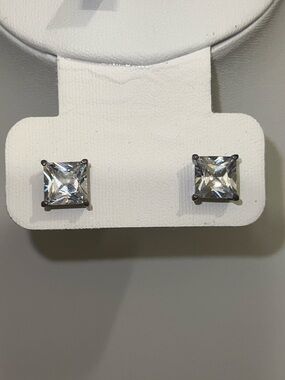Sterling Silver Classic Square Cut Clear Crystal Stud Earrings